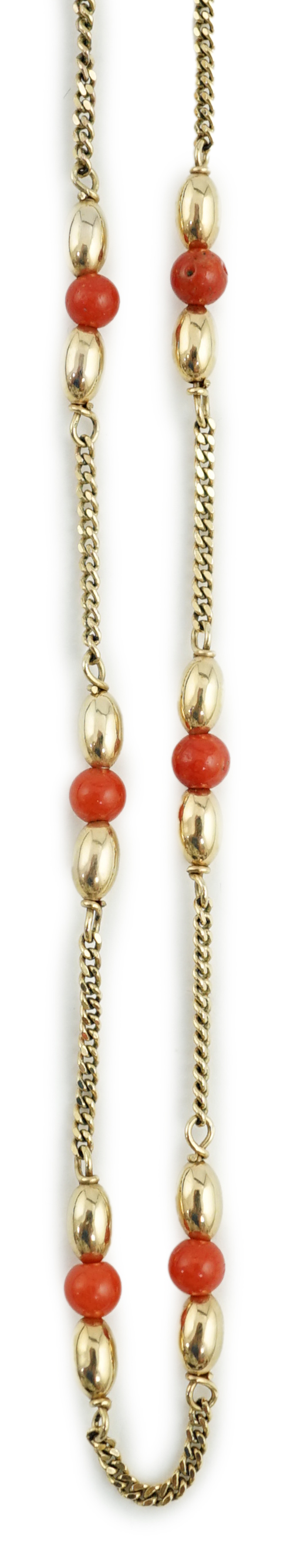 A modern 9ct gold and coral bead chain necklace